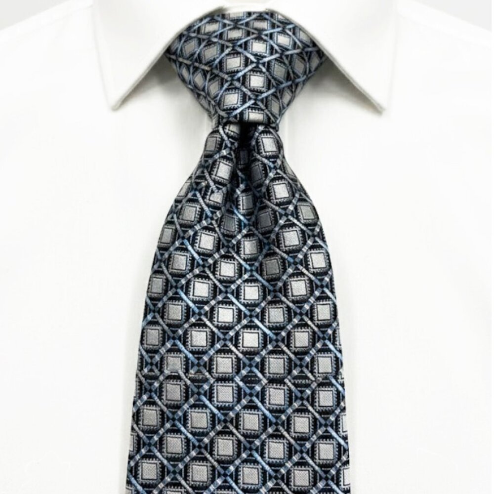 Bellissimo Silk Tie Silver Grey Blue Geometric Square Pattern Made Italy Luxury